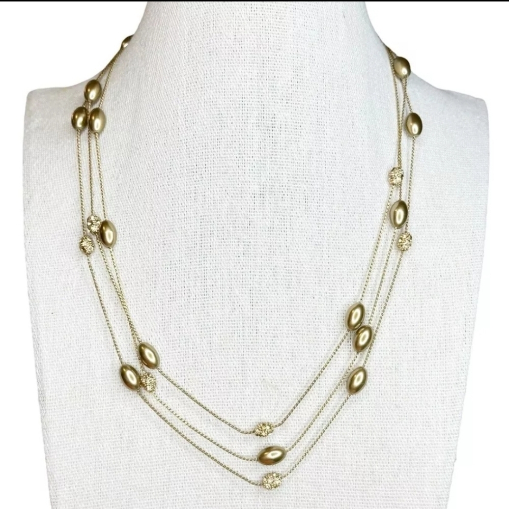 Monet Signed Vintage Multi Strand Beaded Pave Taupe Rhinestone Necklace